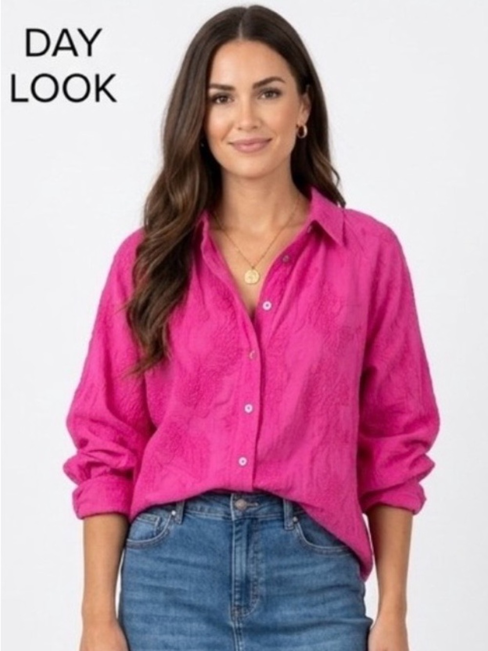 Go Fish Textured Embroidered Button-Down Shirt - Vibrant Fuchsia Oversized R $74